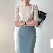 韩国chic优雅圆领冰丝薄款修身针织衫，+高腰中长款鱼尾边半身裙女