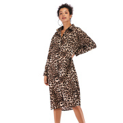 高货速发亚马逊ebay跨境外贸欧美连衣裙复古宽松豹纹翻领长款雪纺