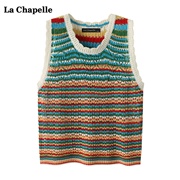 拉夏贝尔/La Chapelle彩色条纹圆领无袖针织背心女夏复古镂空上衣