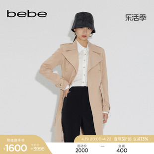bebe春夏系列女士长款大翻领双排扣气质腰带风衣外套141202