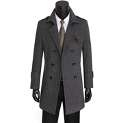 男装秋冬翻领中长款双排扣毛呢加厚保暖条纹灰色风衣大衣外套0675
