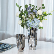 银色花盆陶瓷花瓶摆件，客厅插花轻奢现代简约餐桌，家居装饰品样板间