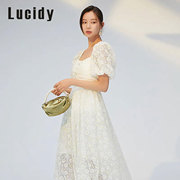 lucidy鲁思蒂24夏蕾丝泡泡袖连衣裙女收腰甜美方领法式中长裙