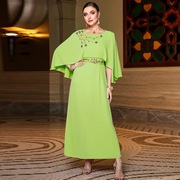 果绿色长裙不规则中东重工礼服聚会婚宴长袖连衣裙女气质优雅圆领