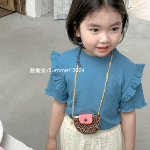 女童木耳花边袖上衣夏季韩系女宝宝可爱针织衫纯色百搭短袖T