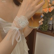 白色蕾丝小花飘带新娘手腕花，发带仙女编发丝带，细法式复古头饰项链