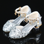 女童皮鞋演出公主鞋儿童，高跟舞台走秀钢琴主持银色配晚礼服水晶鞋