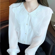 娃娃领白色雪纺衬衫，女长袖2024春季法式刺绣小衫时尚气质上衣