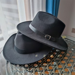 男女士大帽檐复古上海滩帽子黑色英伦爵士绅士礼帽PU皮帽秋冬毛呢