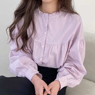 韩国chic温柔香芋紫显白圆领(白圆领，)木耳边前后两穿宽松泡泡袖衬衫上衣女
