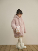 Yoki家童装女童中长款保暖连帽外套贝儿粉色保暖大衣100羊毛皮草