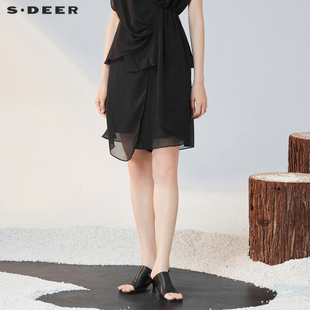 sdeer圣迪奥雪纺裙裤春装设计感系带黑色A字短裙S223Z1316