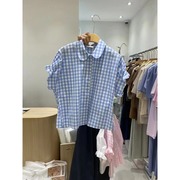 韩国东大门夏装小清新POLO领衬衣格子设计感短袖甜美衬衫女士