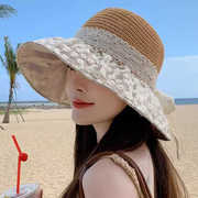 遮阳草帽子女夏季海边沙滩度假大檐蕾丝飘带彩胶防晒太阳帽可折叠