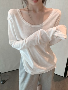 修身显瘦长袖t恤女春季白色，u领内搭薄款打底衫百搭设计感小众上衣