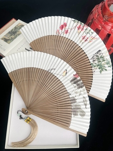 中国风扇子水墨古风男女式竹柄折扇手绘风，双面串荷花竹林纸扇旗袍