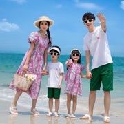 2023亲子装 夏装一家三四口全家装母女连衣裙海边度假套装