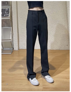 黑色休闲西装裤女春秋季设计感小众高腰窄版高级感垂感直筒裤