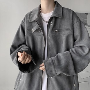 欧美高街hiphop麂皮绒外套男生秋冬款设计感拉链美式复古翻领夹克