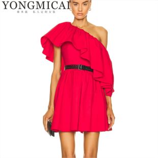 欧美大牌同款私人定制女装，大红色一字领斜肩，荷叶裹胸裙时尚小礼服
