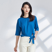 EMOO杨门2024春季蓝色T恤女圆领系带上衣女装通勤中袖t恤五分袖