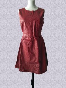 春秋季复古纯色枣红酒红色，pu皮无袖，a字裙中长裙背带连衣裙背心裙