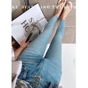 高质量显瘦性感紧身小脚裤女2024年春夏两粒扣高腰九分修身铅笔裤