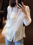 素木春季女装白色衬衫，设计感小众，国风刺绣雪纺小衫法式上衣