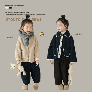 utouto大耳象女童碎花边毛绒外套2023冬季儿童时髦外套个性