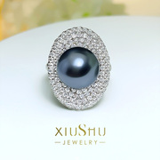 欧美精工微镶澳白贝母珍珠戒指925银镶嵌高碳钻奢华食指夸张大