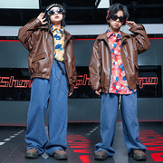 街舞儿童潮服套装男女童嘻哈港风复古皮衣，外套少儿hiphop表演服酷