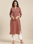 2022夏印度女装七分袖栗色印花开叉上衣民族风瑜伽休闲长衫