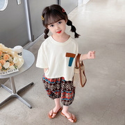 女童夏季短袖套装儿童，韩版休闲薄款蝙蝠衫，哈伦裤宽松两件套