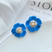 麦子原创设计微钩成品蓝色花朵耳环耳钉钩织饰品防过敏小清新耳饰