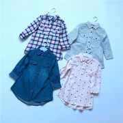 7b22-8岁女童纯棉长袖衬衫裙，格子条纹纯色牛仔蓝外贸原单