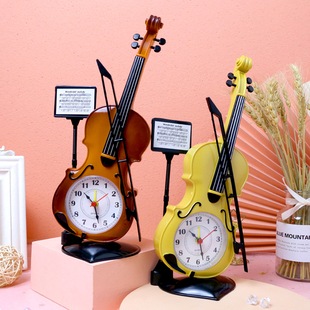 欧式古典小提琴模型摆台时钟创意手提琴，办公桌面装饰儿童学生闹钟