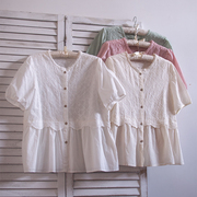 韩国文艺小清新刺绣蕾丝花边衬衫短袖衬衣夏季纯棉上衣高腰娃娃衫