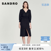 SANDRO Outlet女装修身时尚高腰直筒开叉黑色半身长裙SFPJU00736