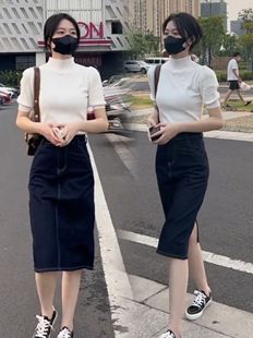 半高领针织衫女泡泡袖针织上衣秋季2022韩版气质半身裙两件套