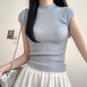 蓝色螺纹针织短袖t恤女2024夏季修身设计感小众气质短款上衣