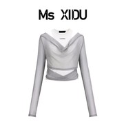 Ms XIDU白色套头背心网纱假两件拼接T恤女y2k辣妹修身显瘦上衣ins