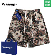WassupJhn 复古美式短裤男夏季针织花纹男女情侣休闲五分裤子