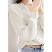 白色套头灯笼袖设计感小众针织衫女早秋长袖高端法式气质V领上衣