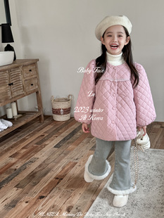 韩版儿童上衣冬季女童洋气泡泡袖，圆领菱格外套女宝粉色娃娃衫棉衣