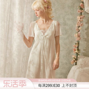 rosetree蕾丝睡裙女夏季法式短袖，性感v领带胸垫一体睡衣2023