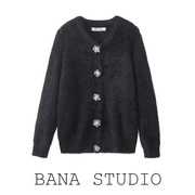 BANA外贸西班牙ZA单黑色圆领立体花朵毛茸茸短款针织外套毛衣开衫