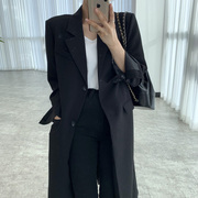 2023春季韩版宽松时尚西装套女黑色，女神范单排扣中长款小西服