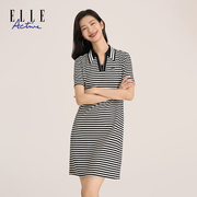 elleactive中长款条纹，连衣裙休闲女士，夏季翻领裙子