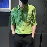 潮男高级感短袖衬衫夏五分袖男t恤绿色潮牌痞帅炸街冰丝条纹衬衣