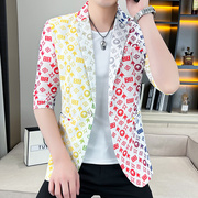 夏季七分袖小西装外套男韩版修身格子高品质单西服韩版中袖镂空薄